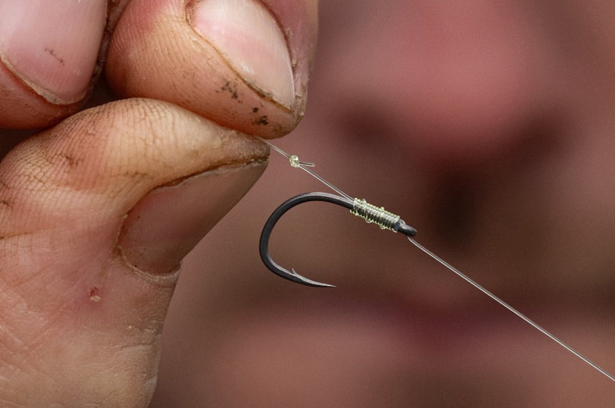 A simple knotless knot can be used with bottom, wafter, or pop-up baits with a running rig or bolt rig