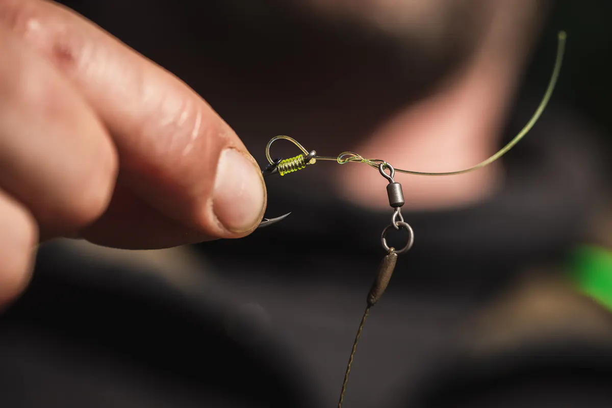 The hook section is attached to your boom via a simple two turn blood knot